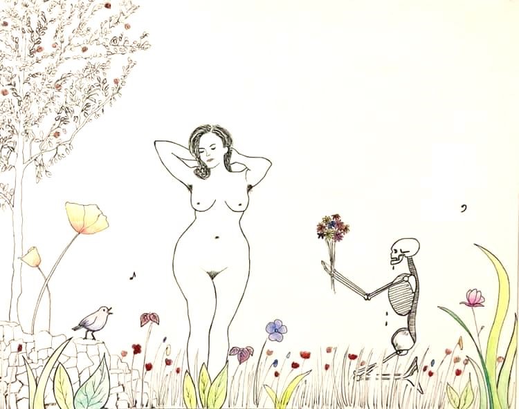 Desenho artístico com traços finos em preto e detalhes coloridos, retratando uma mulher nua em pé, de olhos fechados e expressão serena, com as mãos atrás da cabeça, cercada por flores e vegetação em um campo. À sua frente, um esqueleto ajoelhado estende um buquê de flores coloridas em sua direção, com lágrimas escorrendo da cavidade do olho. À esquerda, há um pássaro pousado sobre pedras, flores de diferentes tipos e um grande tronco de árvore com galhos cheios de folhas e pequenos elementos. A cena combina elementos de vida e morte, feminilidade e efemeridade, em um cenário natural e simbólico. Desenho artístico com traços finos em preto e detalhes coloridos, retratando uma mulher nua em pé, de olhos fechados e expressão serena, com as mãos atrás da cabeça, cercada por flores e vegetação em um campo. À sua frente, um esqueleto ajoelhado estende um buquê de flores coloridas em sua direção, com lágrimas escorrendo da cavidade do olho. À esquerda, há um pássaro pousado sobre pedras, flores de diferentes tipos e um grande tronco de árvore com galhos cheios de folhas e pequenos elementos. A cena combina elementos de vida e morte, feminilidade e efemeridade, em um cenário natural e simbólico.