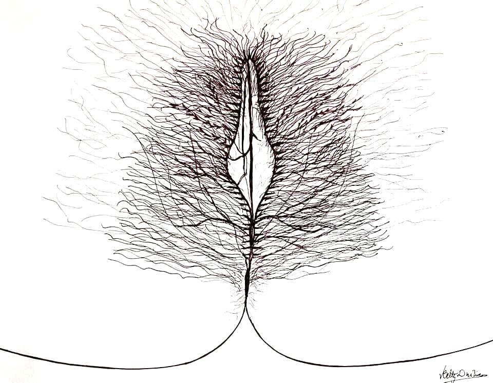 Ilustração em traço fino, predominantemente preto sobre fundo branco, representando de forma estilizada uma vulva. Os lábios vaginais são delineados com linhas curvas e orgânicas. Linhas finas se irradiam a partir da forma central, evocando pelos pubianos, criando uma textura visual. A obra sugere feminilidade e força criadora. Ilustração em traço fino, predominantemente preto sobre fundo branco, representando de forma estilizada uma vulva. Os lábios vaginais são delineados com linhas curvas e orgânicas. Linhas finas se irradiam a partir da forma central, evocando pelos pubianos, criando uma textura visual. A obra sugere feminilidade e força criadora.